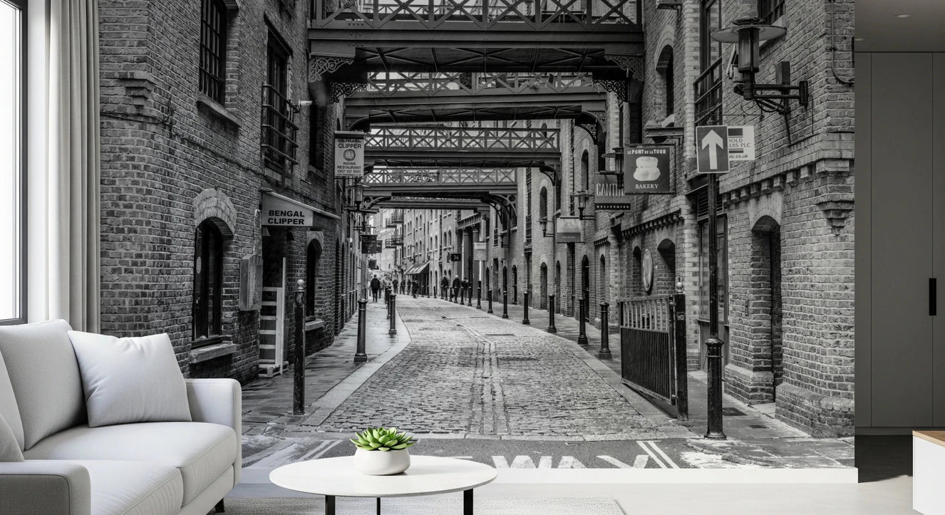Hallway styled with Cobbled Street Wall Mural showing vintage alley road