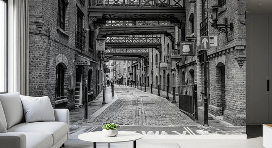 Hallway styled with Cobbled Street Wall Mural showing vintage alley road