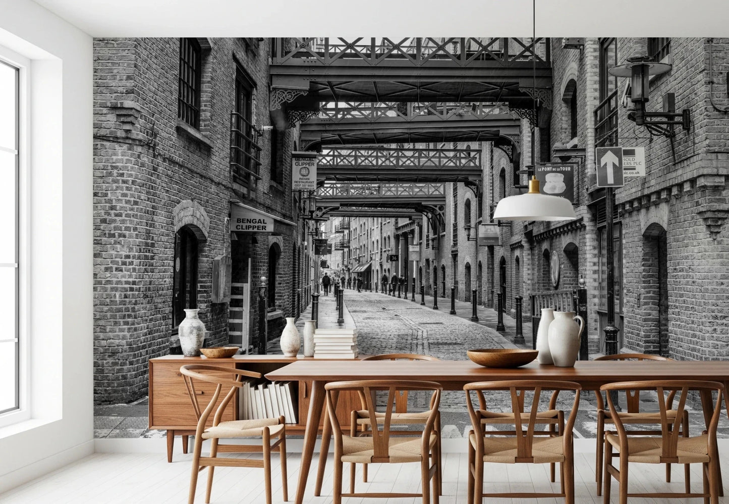 Dining room with Cobbled Street Wall Mural and narrow cobblestone lane view