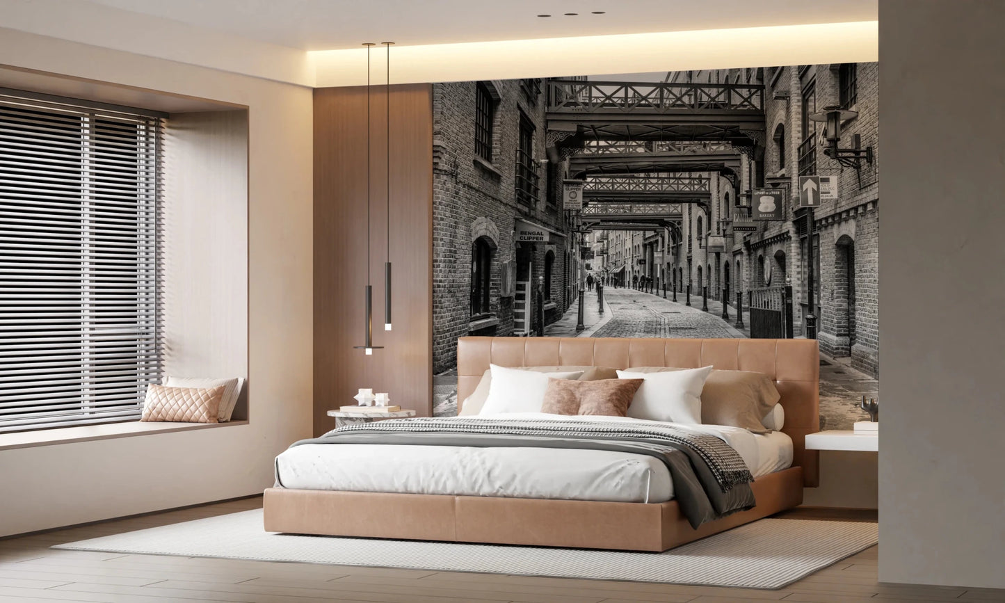 Bedroom space using Cobbled Street Wall Mural with classic urban pathway