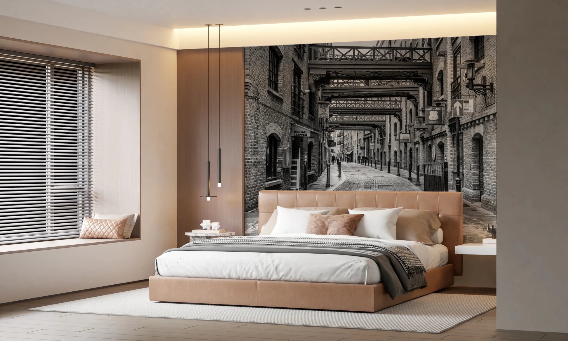 Bedroom space using Cobbled Street Wall Mural with classic urban pathway