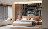 Bedroom space using Cobbled Street Wall Mural with classic urban pathway