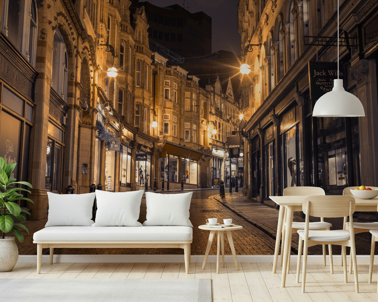 Vintage alleyway wallpaper for a cozy bedroom with warm lighting.
