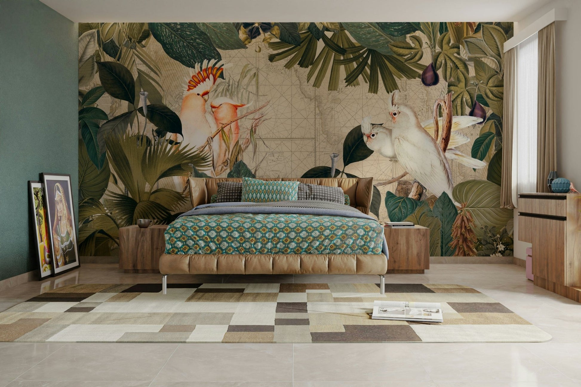 Illustrated cockatoo wall mural in soft tones

