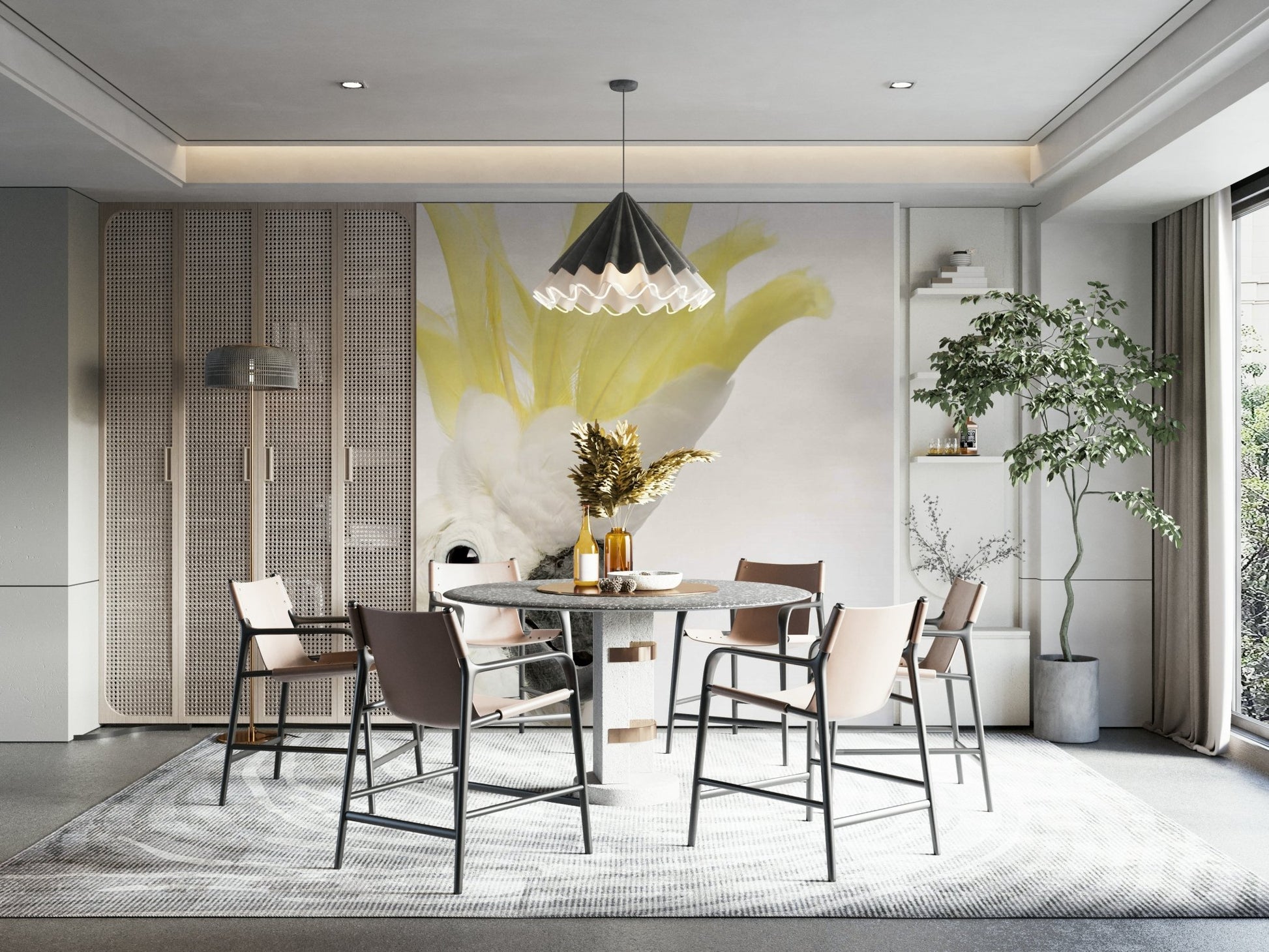 Tropical bird wallpaper in soft tones

