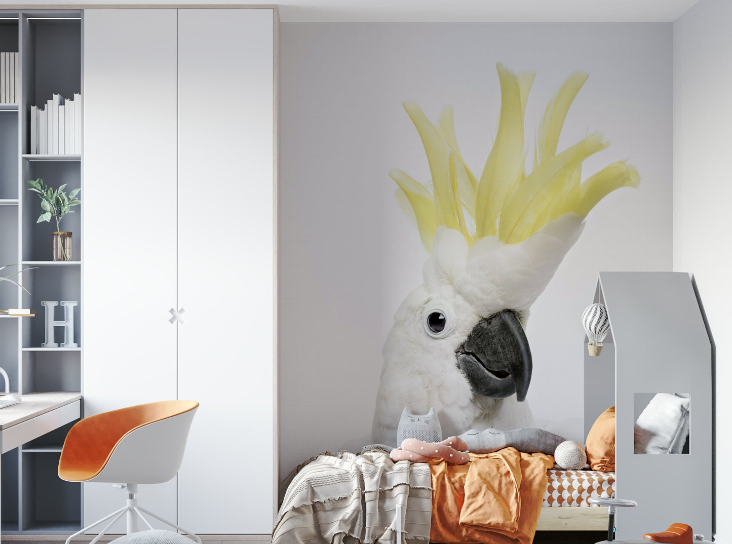 Neutral-toned mural with cockatoo illustrations

