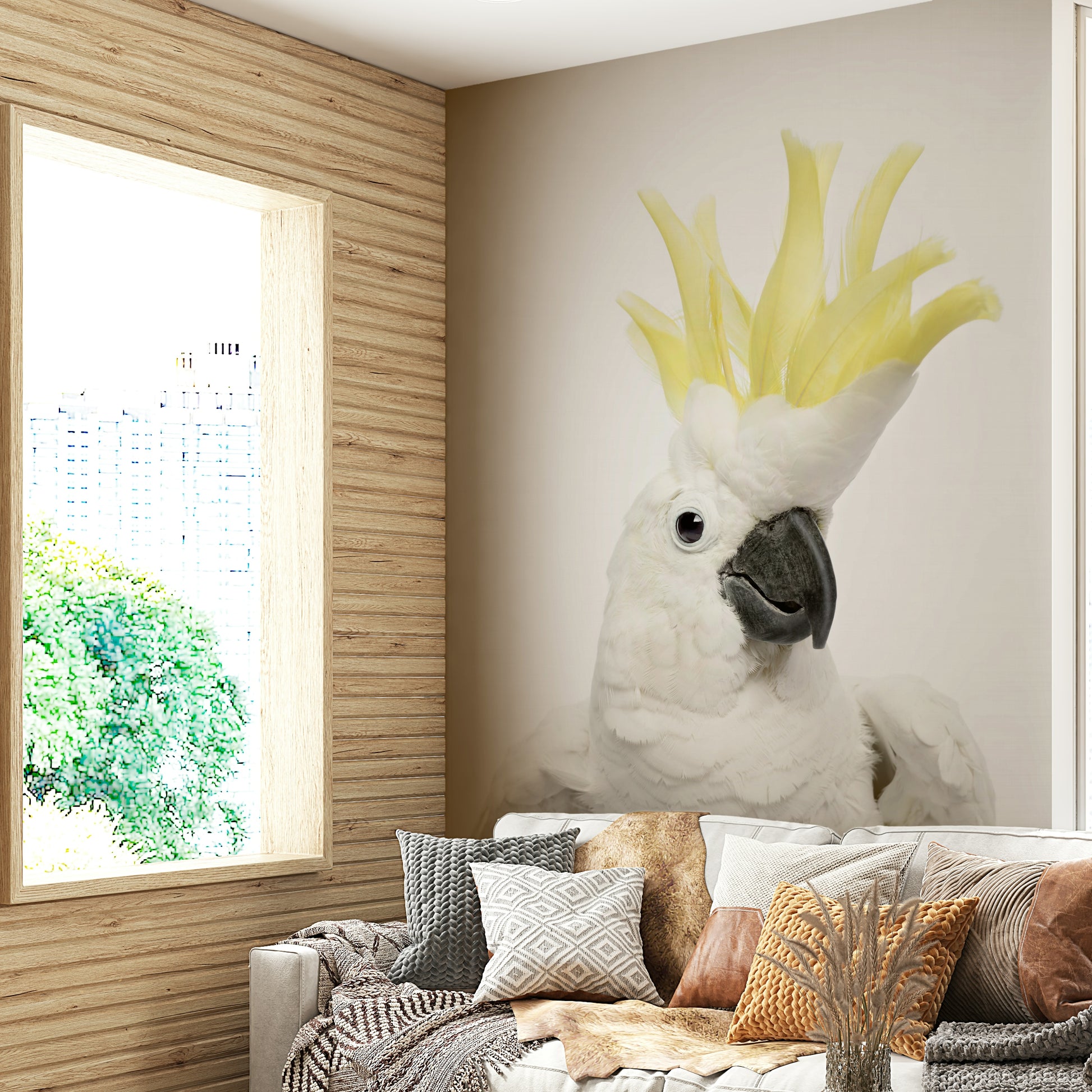 Cockatoo perched in leafy wallpaper design

