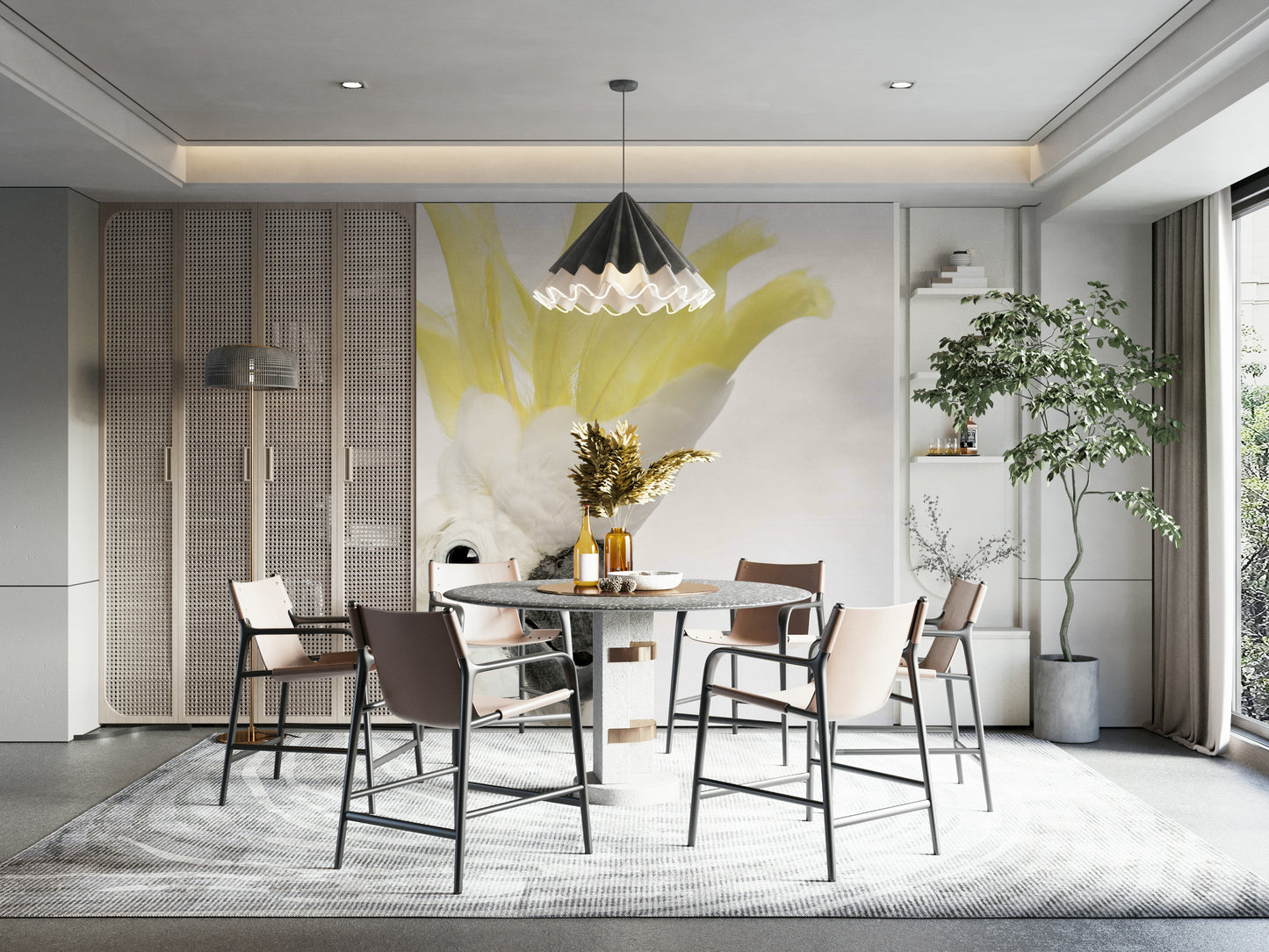 Tropical bird wallpaper in soft tones

