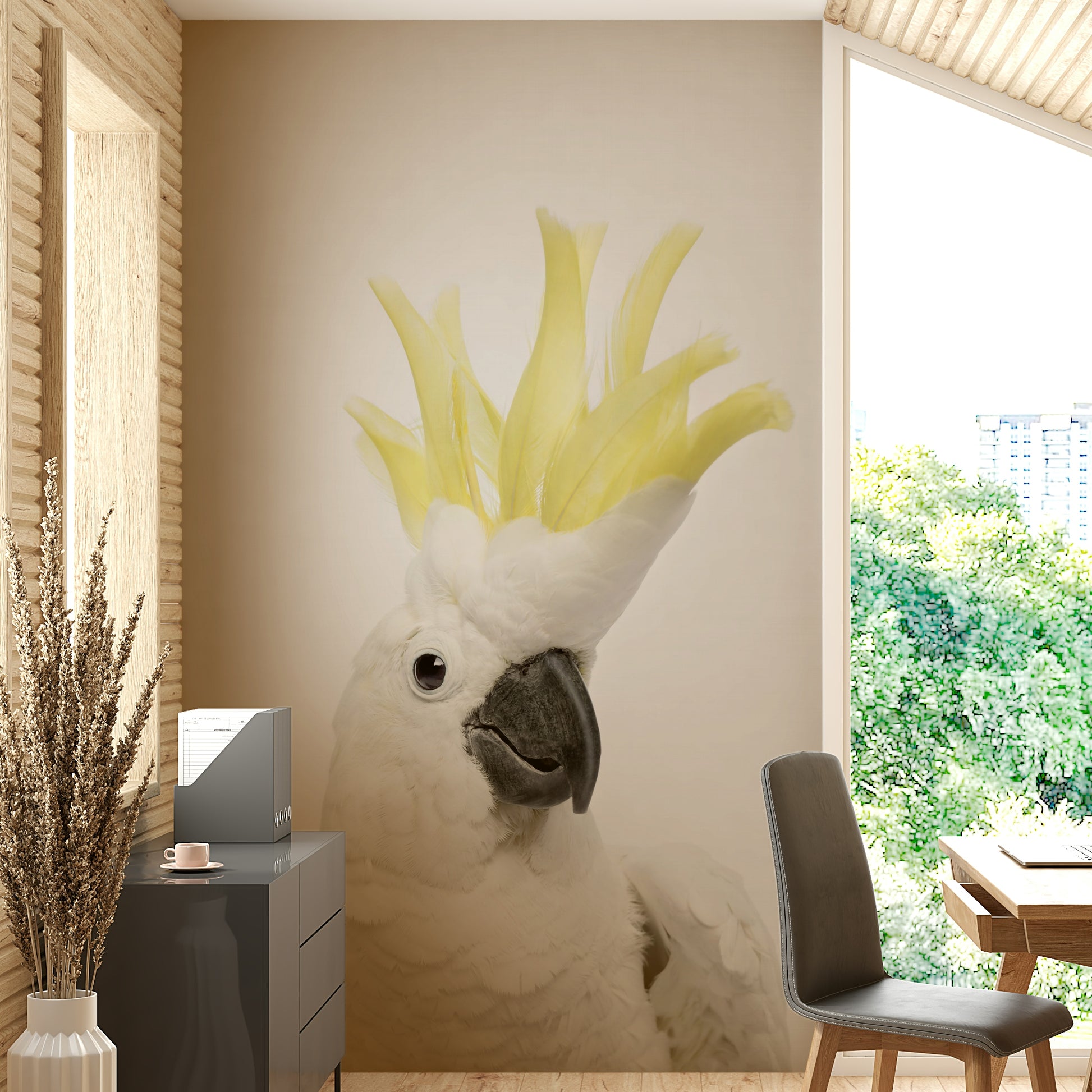 Mural wallpaper featuring cockatoos and plants

