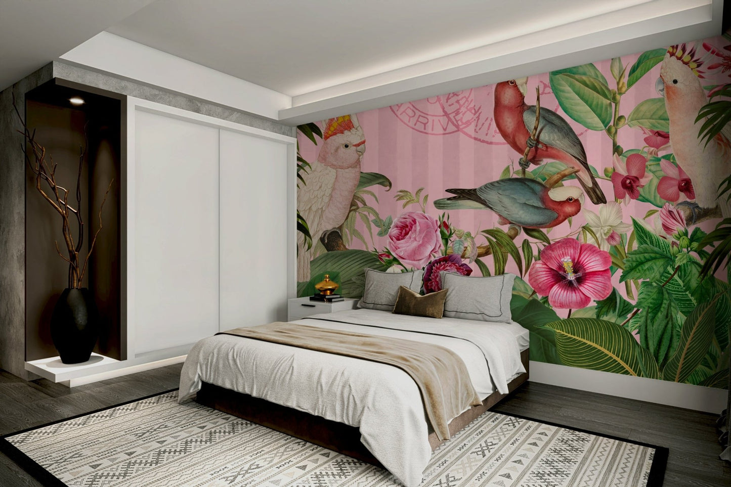 Playful bird and flower wallpaper design

