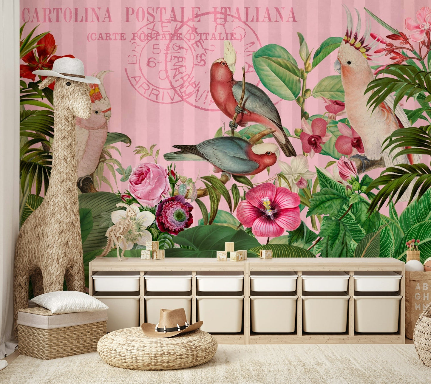 Bold floral wallpaper with exotic birds

