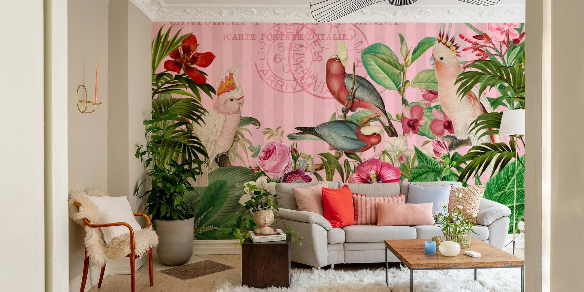 Full view of cockatoos and exotic flora mural

