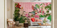 Full view of cockatoos and exotic flora mural

