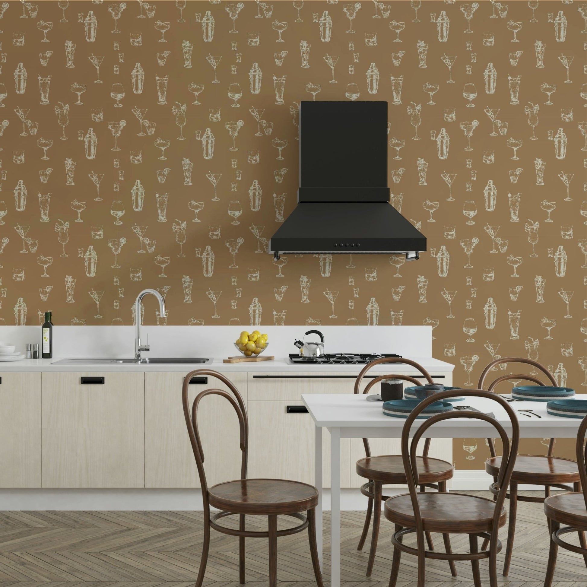Gold-accented cocktail wallpaper for kitchens

