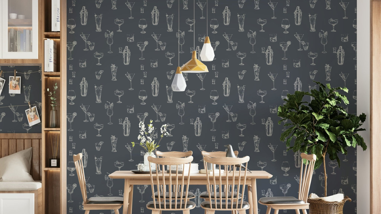 Home bar wallpaper with vintage drink sketches

