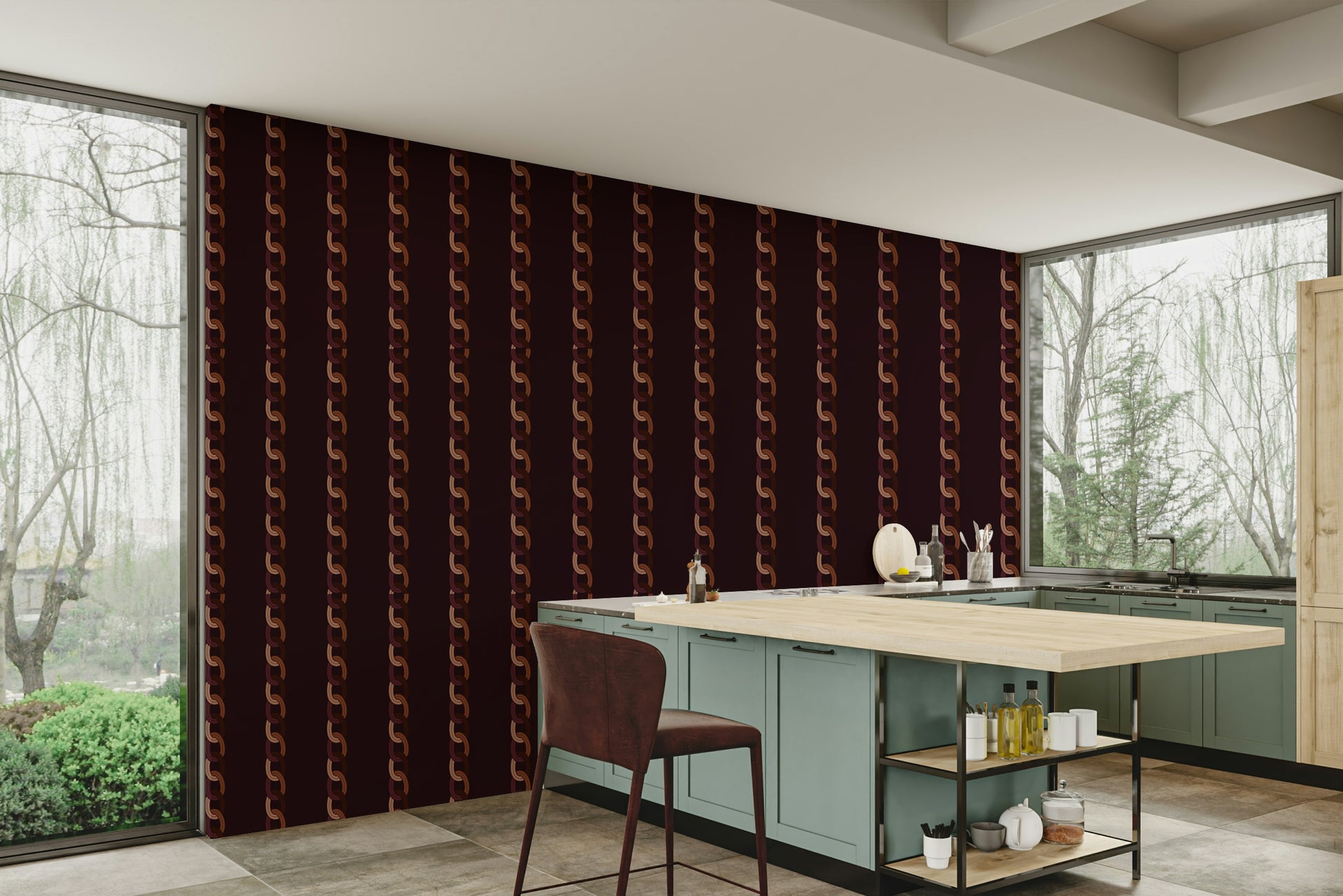 The design features a repeating chain-link motif.

