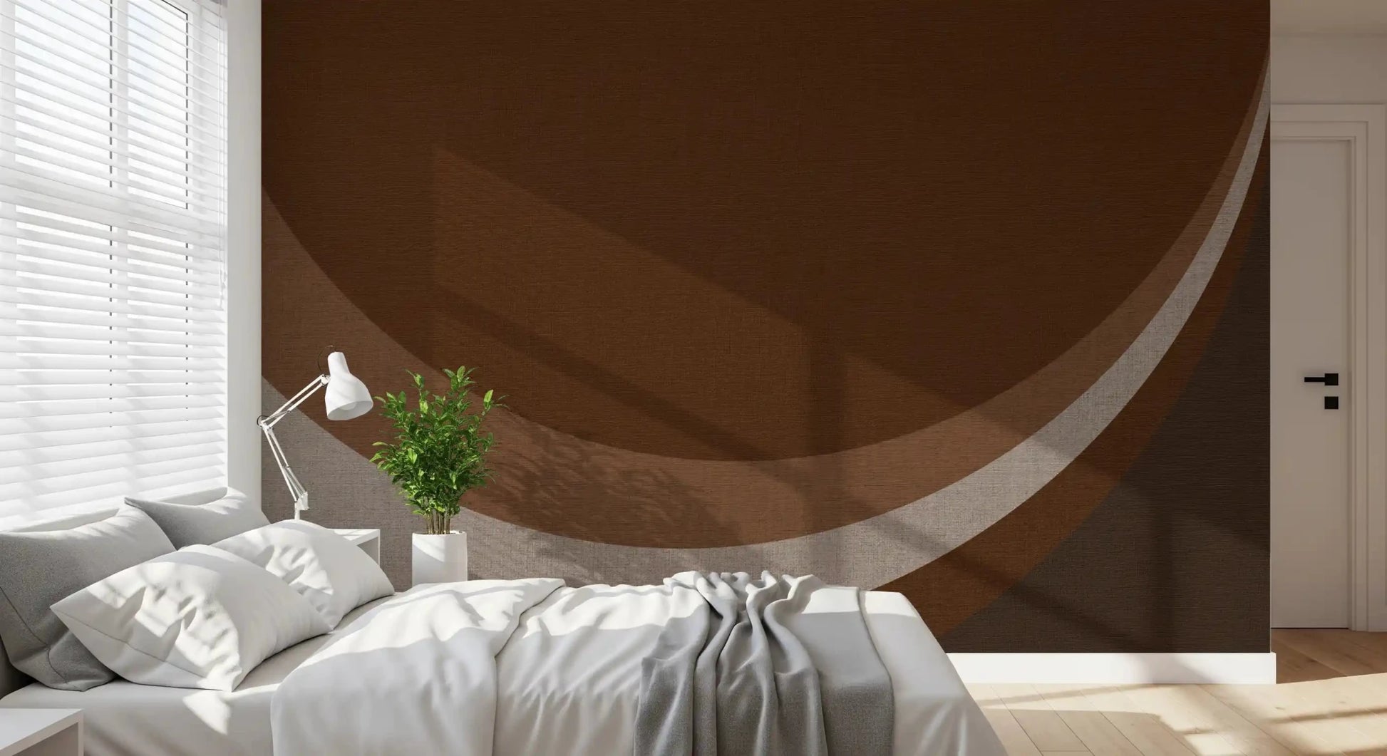 Arcs of cream and tan layer along Cocoa Rhythm Waves Abstract Geometric wall mural.GD9551