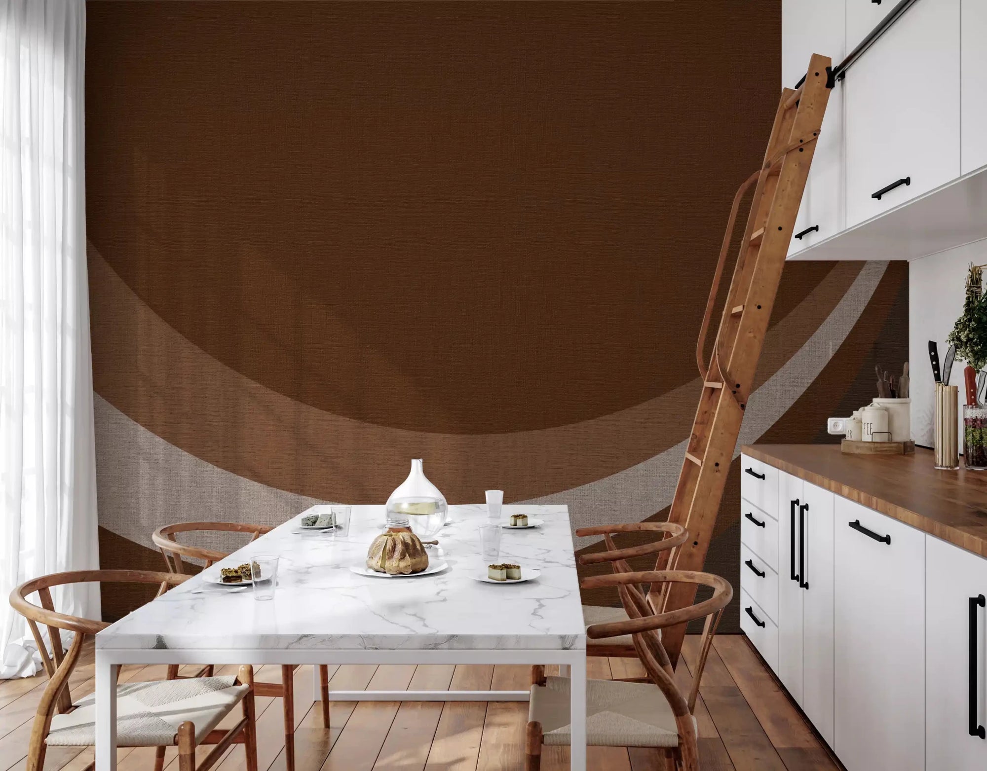 Cream curves rise across a dining room with Cocoa Rhythm Waves wall mural.GD9551
