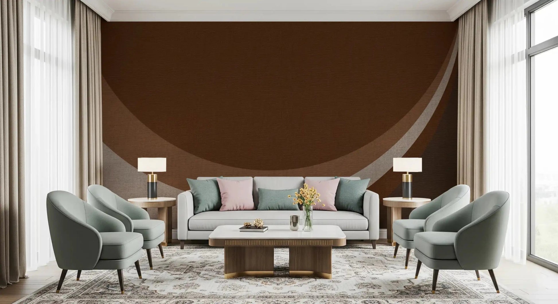 Curving arcs spread across this Cocoa Rhythm Waves Abstract Geometric wall mural.GD9551
