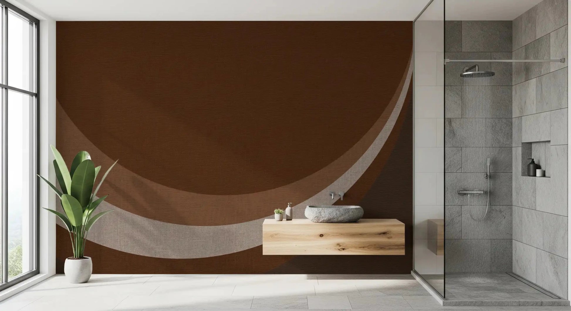 Deep cocoa fills a bathroom with arcs of Rhythm Waves Abstract Geometric wall mural.GD9551