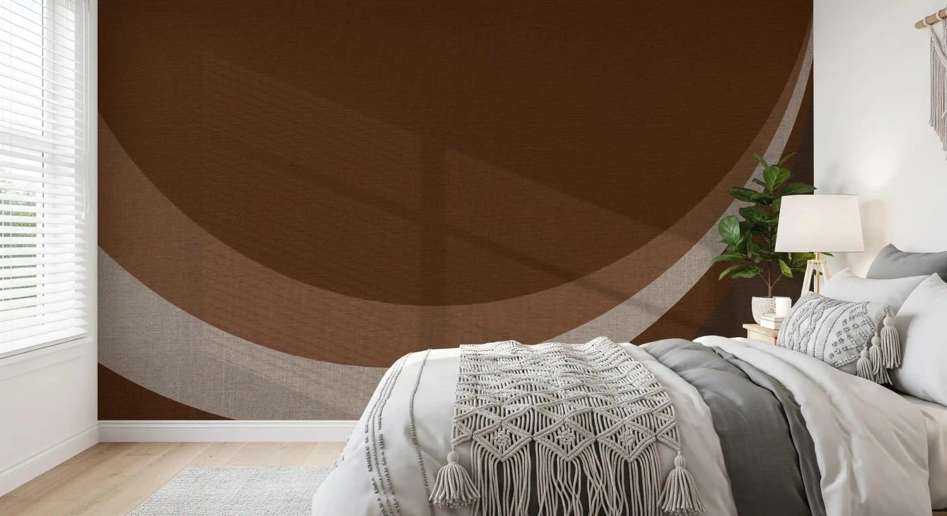 Cocoa shades wrap a master bedroom with Rhythm Waves Abstract Geometric wall mural.GD9551