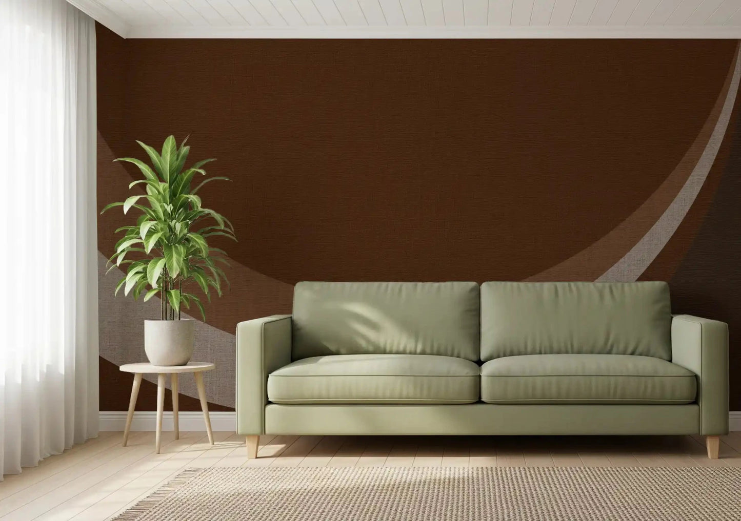 Rich brown tones flow through a lounge in Cocoa Rhythm Waves Abstract wall mural.GD9551