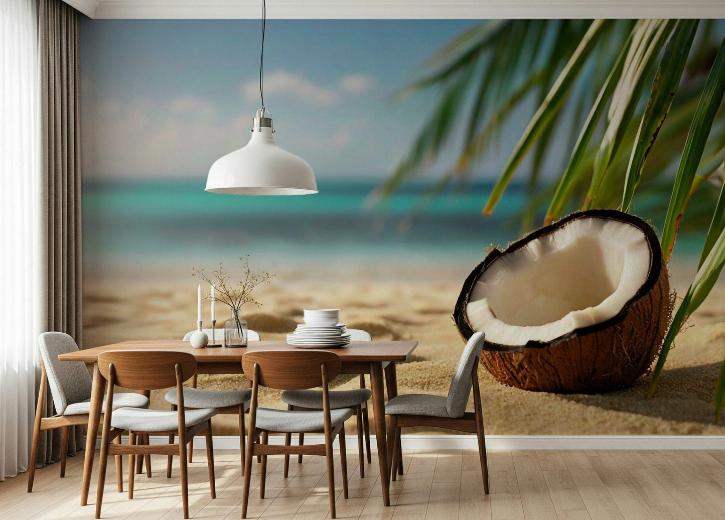 Soft focus Coconut Dreams Wall Mural for a calming yoga studio wall.