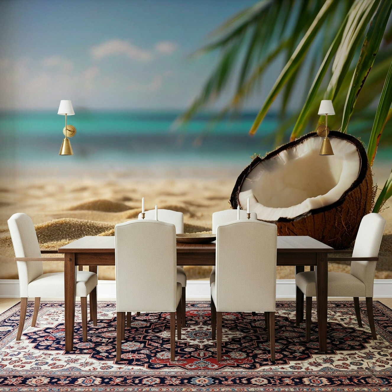 Vertical palm tree wallpaper mural to create height in small apartments.