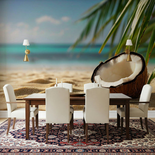 Vertical palm tree wallpaper mural to create height in small apartments.