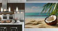 Coastal landscape wallpaper mural with clear blue sky for airy dining rooms.
