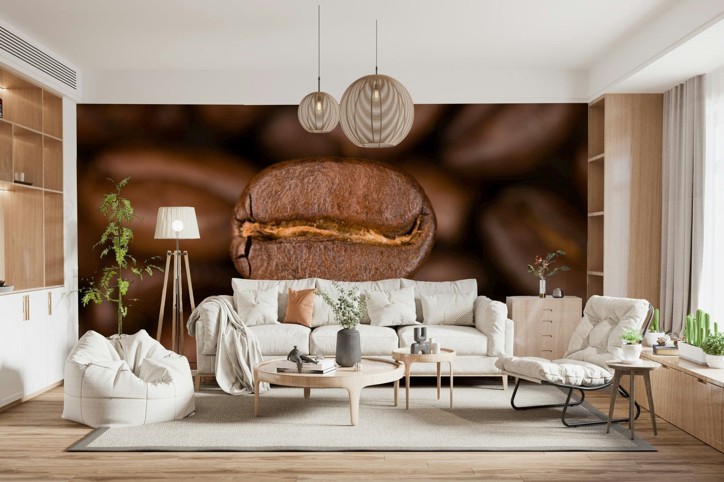 Macro shot of rich brown bean on a wallpaper backdrop.