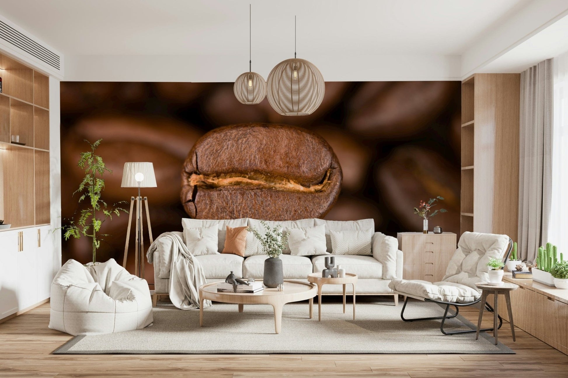 Macro shot of rich brown bean on a wallpaper backdrop.