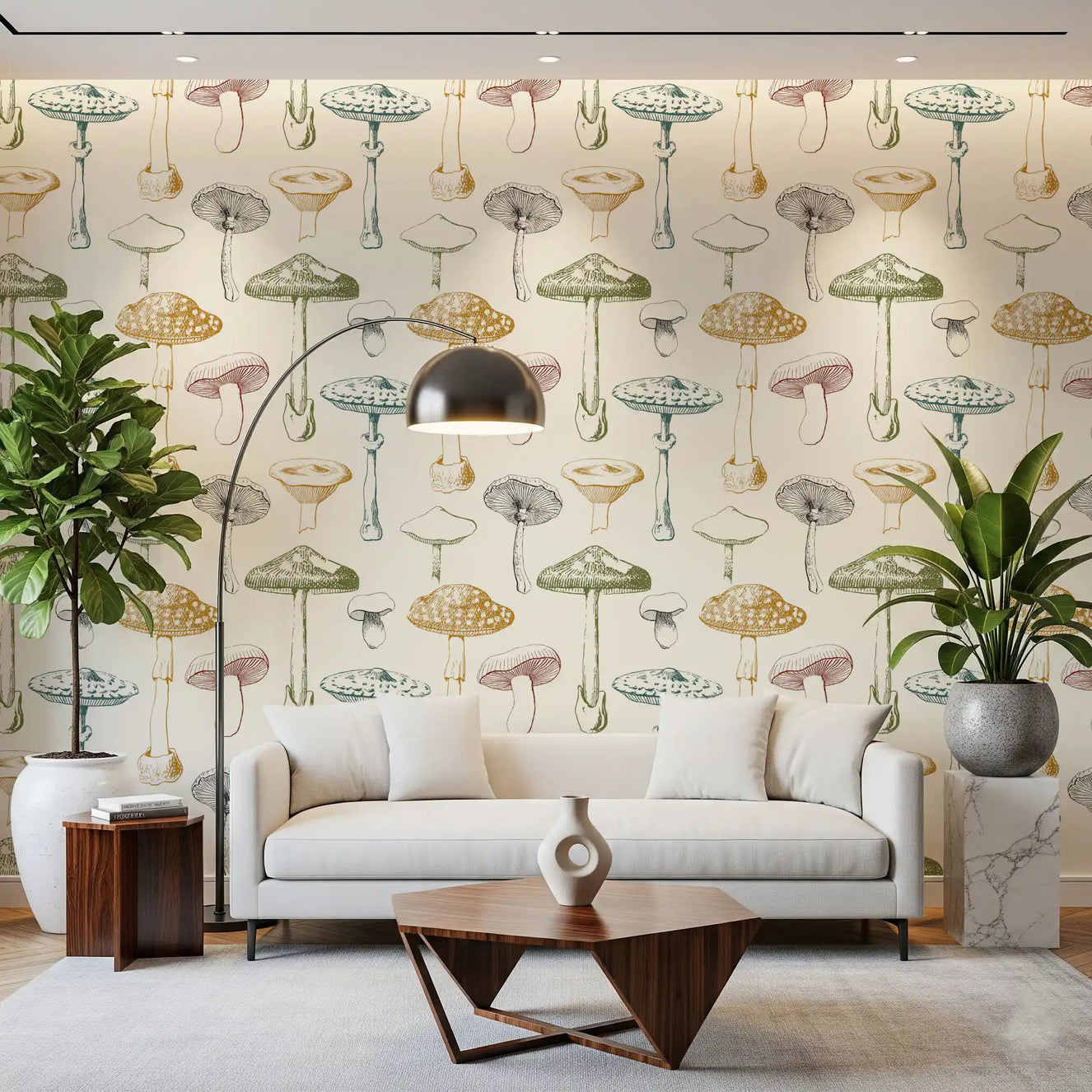 Office room with Antique Mushrooms wallpaper and vintage linework