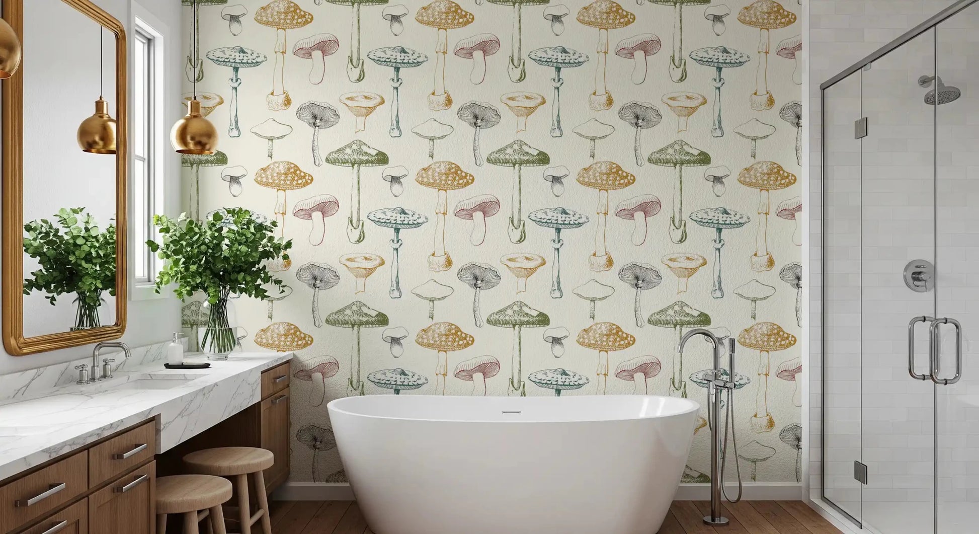 Bathroom wall with Antique Mushrooms wallpaper in soft sketch tones