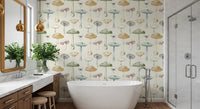Bathroom wall with Antique Mushrooms wallpaper in soft sketch tones