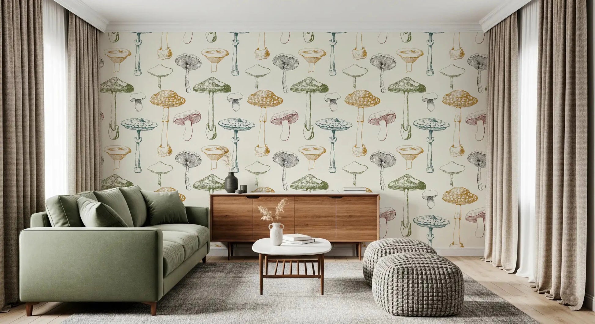 Living room featuring Collection of Mushrooms wallpaper in cream