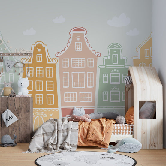 Trendy Kids Room Building Wallpaper Murals in pastel colors A747