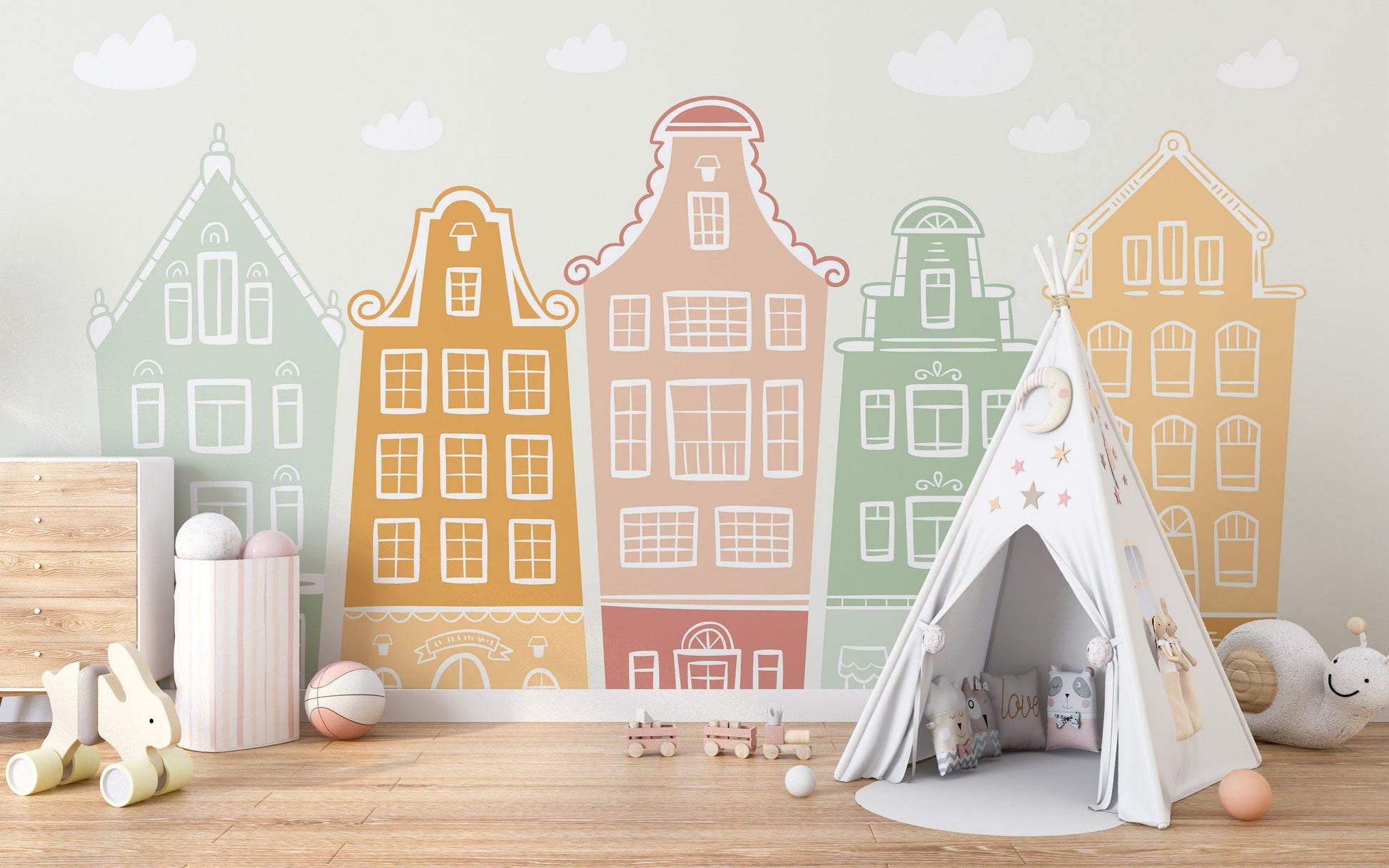 Pastel-colored building wall murals for children’s bedrooms