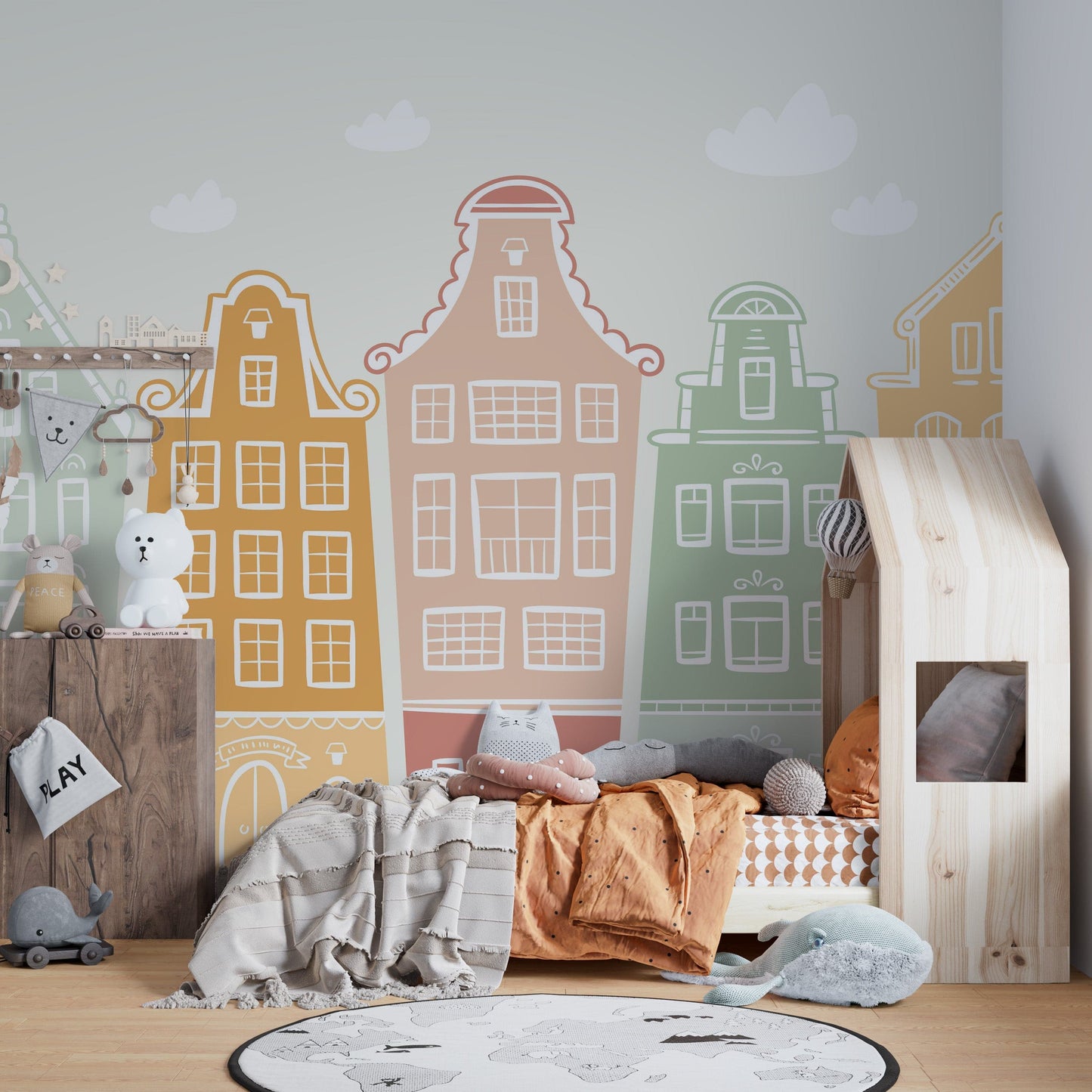 Trendy Kids Room Building Wallpaper Murals in pastel colors
