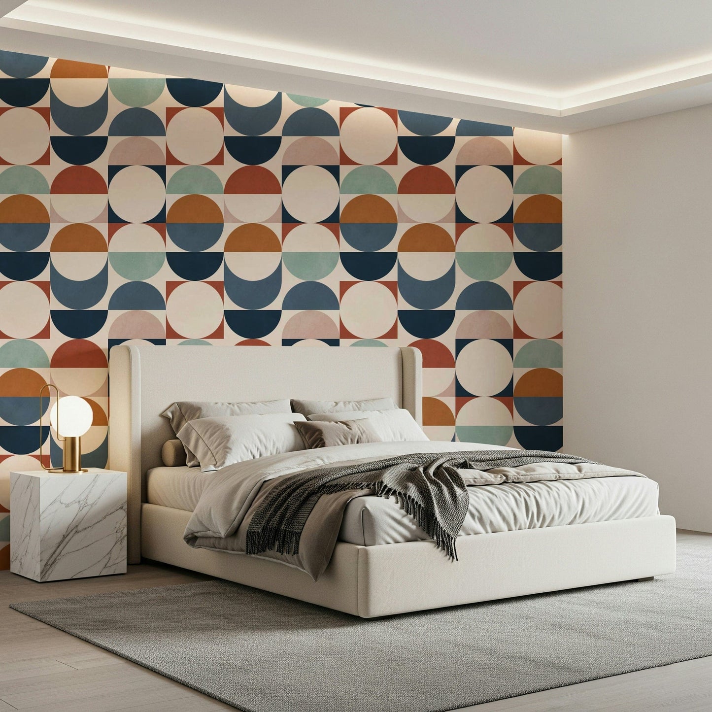 Textured geometric wallpaper with circles, arcs, and squares