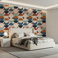 Textured geometric wallpaper with circles, arcs, and squares
