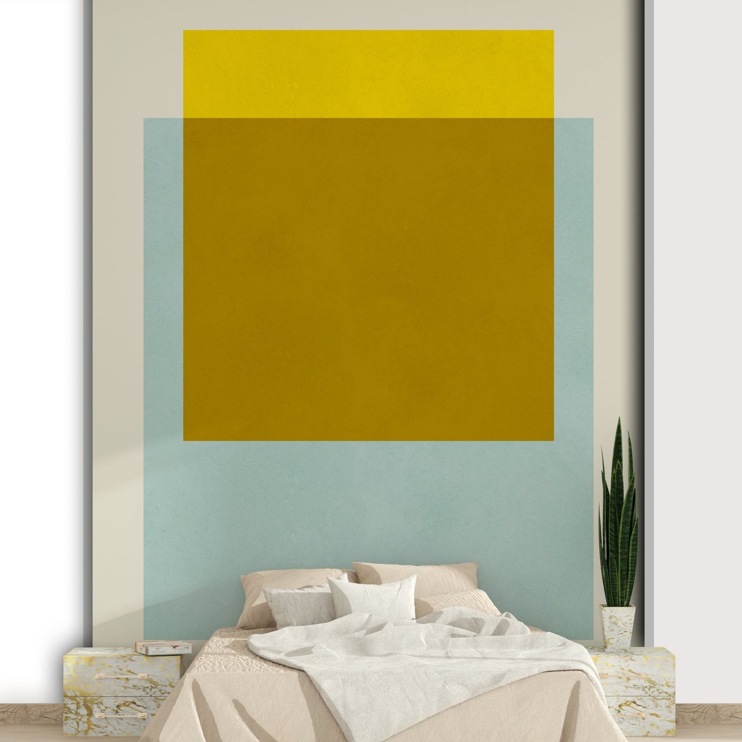 A wall mural of a peaceful color block pattern.


