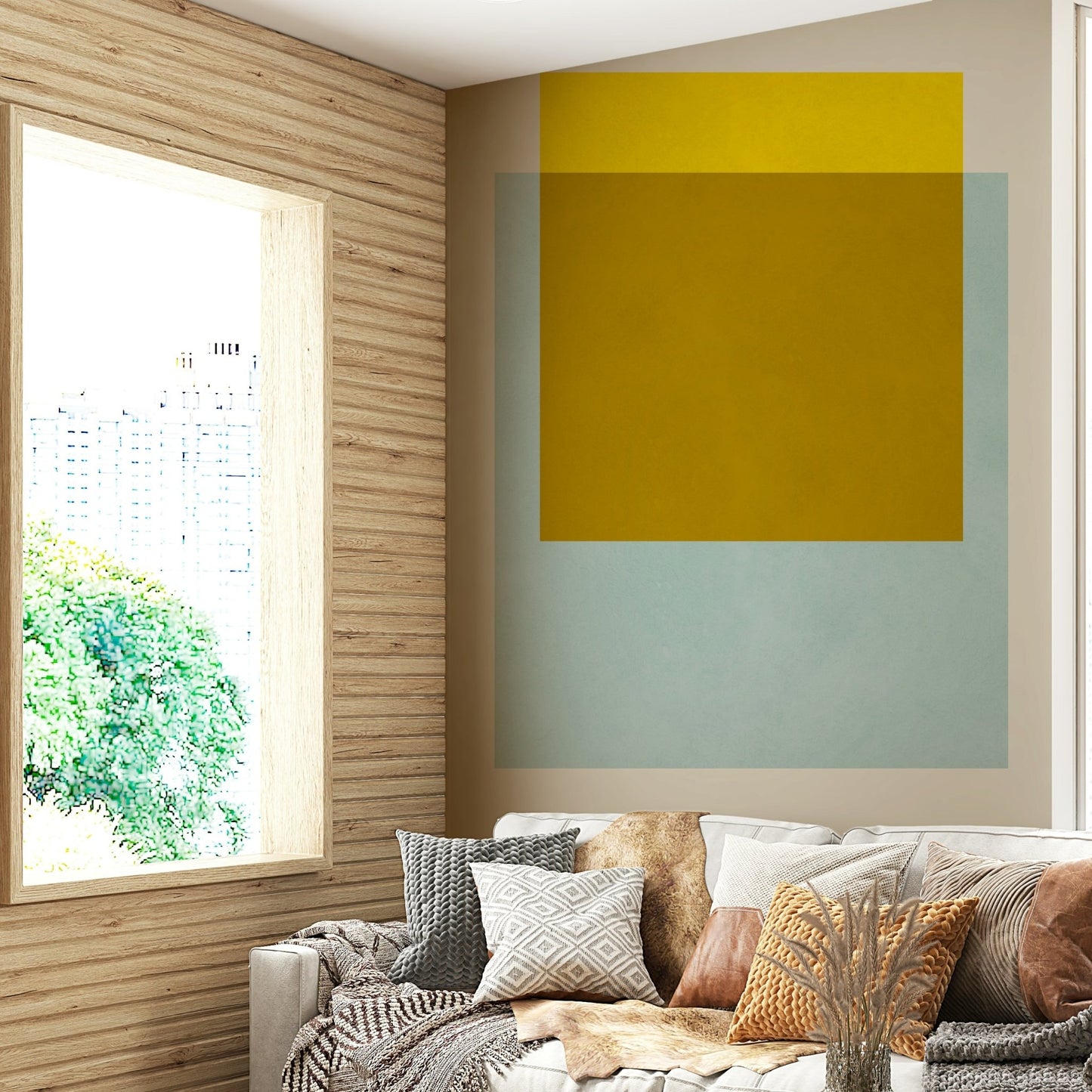 The colors are soft, muted tones of sage green, terracotta, beige, and dusty blue.

