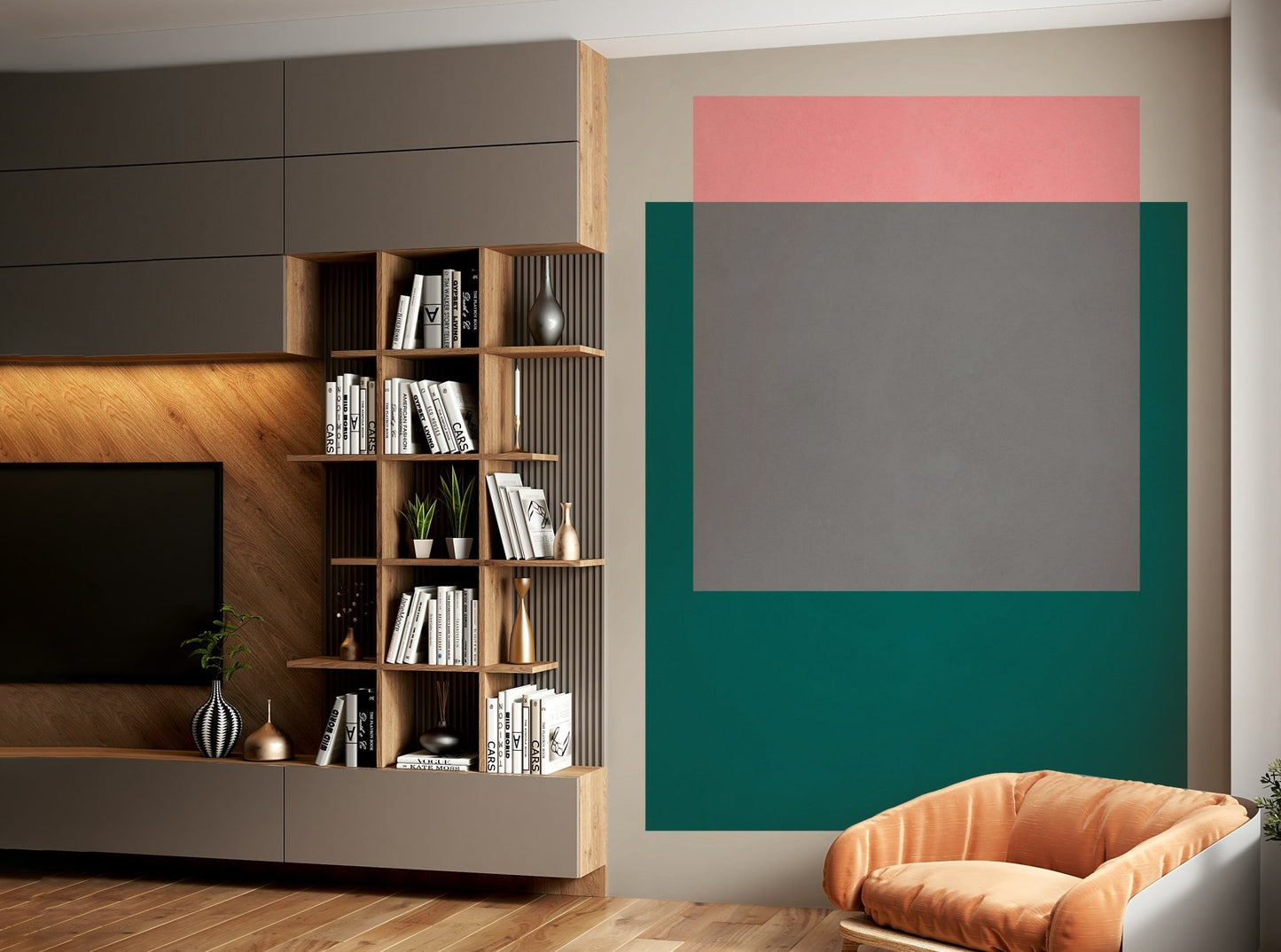 The image shows an artistic impression of a serene color block pattern with soft, muted tones of dusty rose, sage green, pale sky blue, warm beige, and terracotta.

