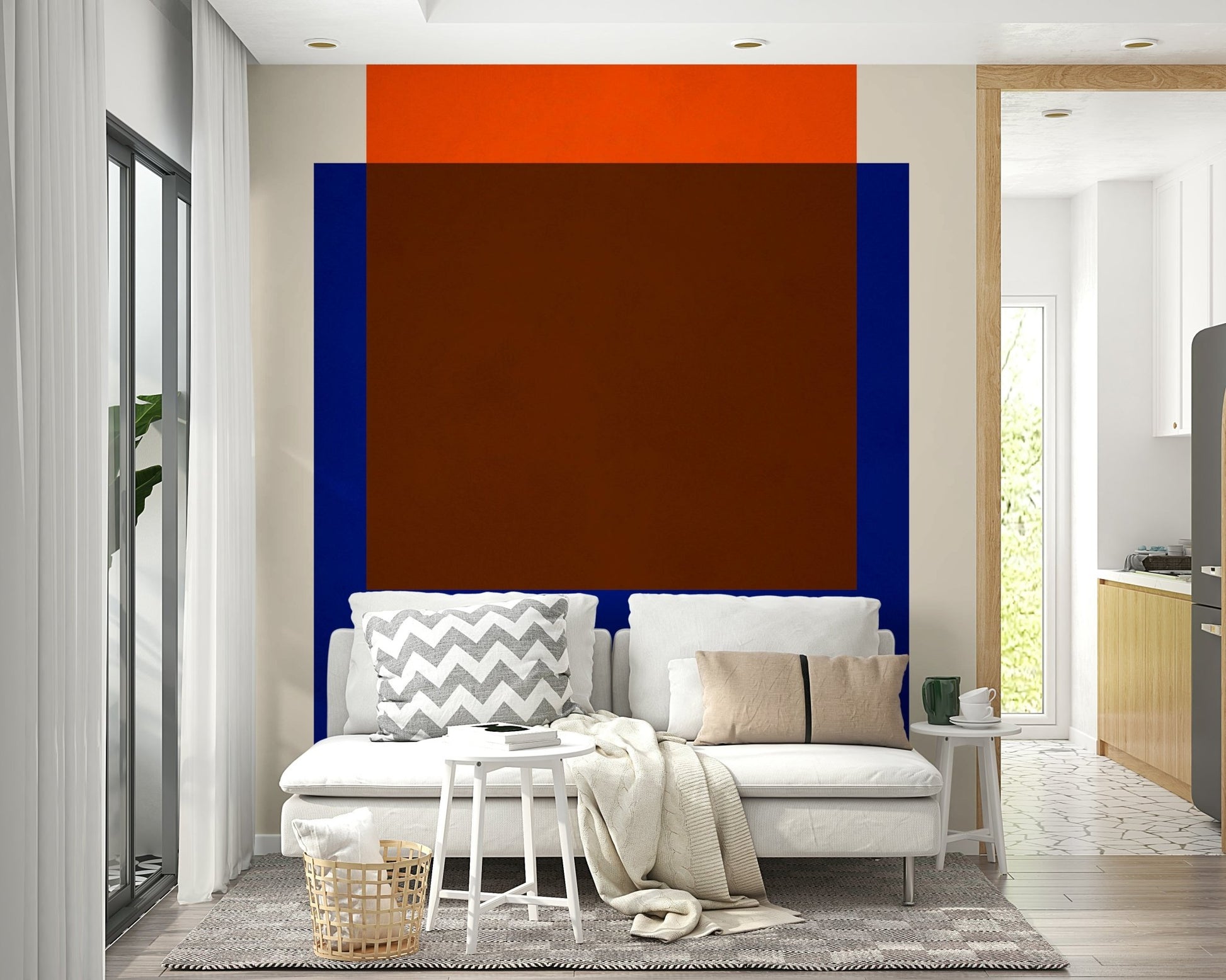 The colors are soft, muted tones of terracotta, blush pink, mustard yellow, and olive green.

