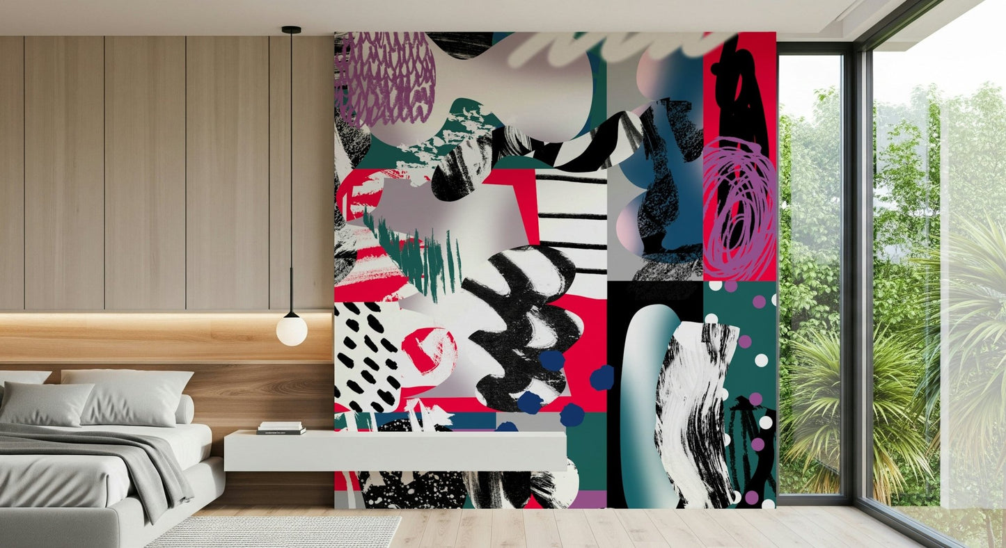 A beautiful abstract art wallpaper mural with clashing, vibrant colors.