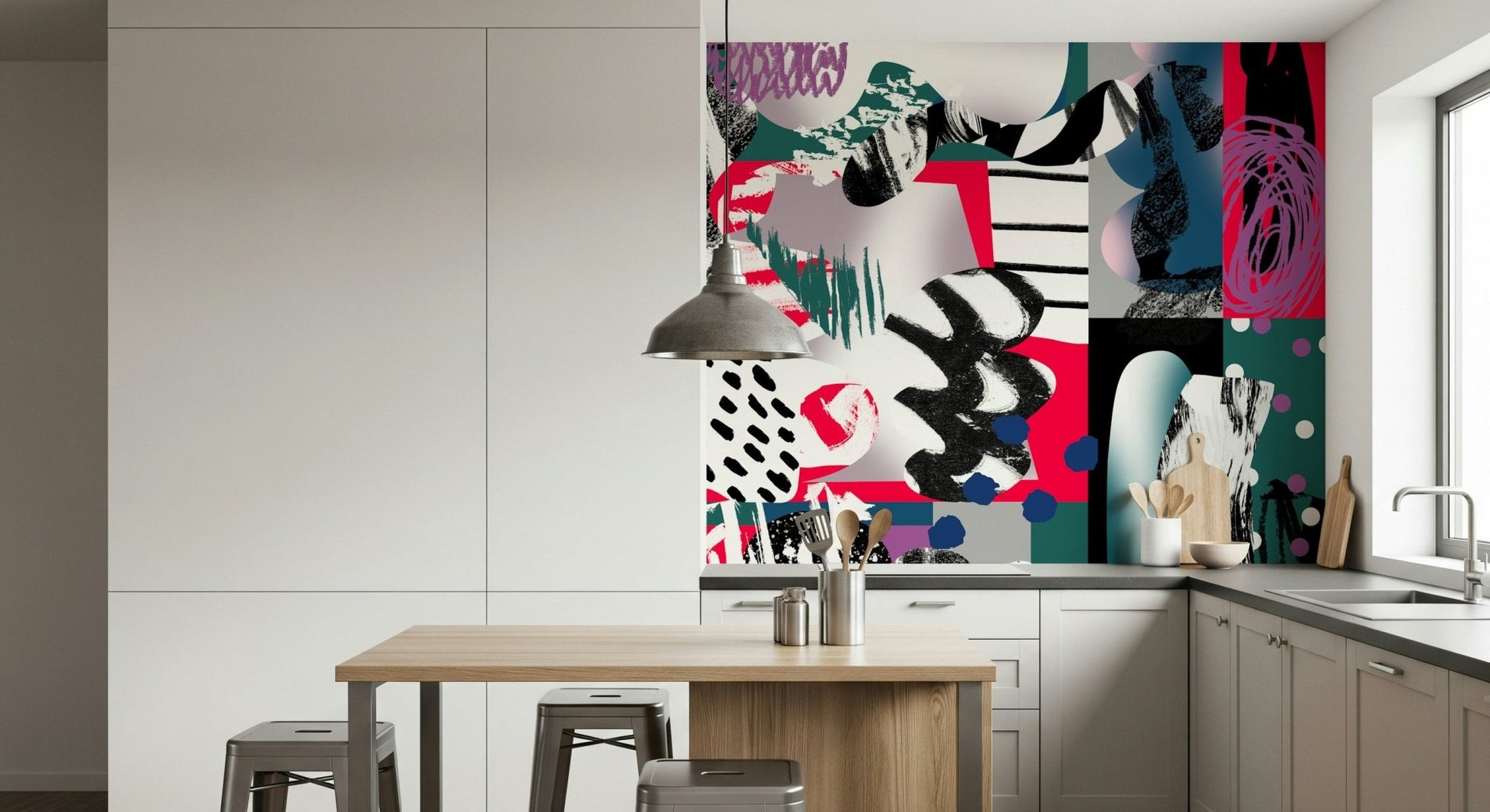 A contemplative geometric design wallpaper mural for a feature wall.