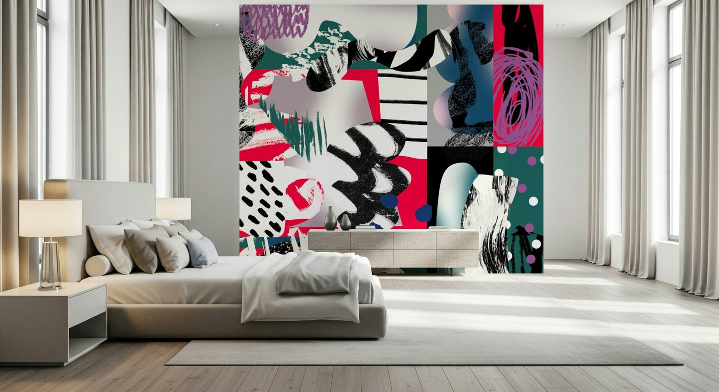 An artistic abstract shape mural on minimalist wallpaper.