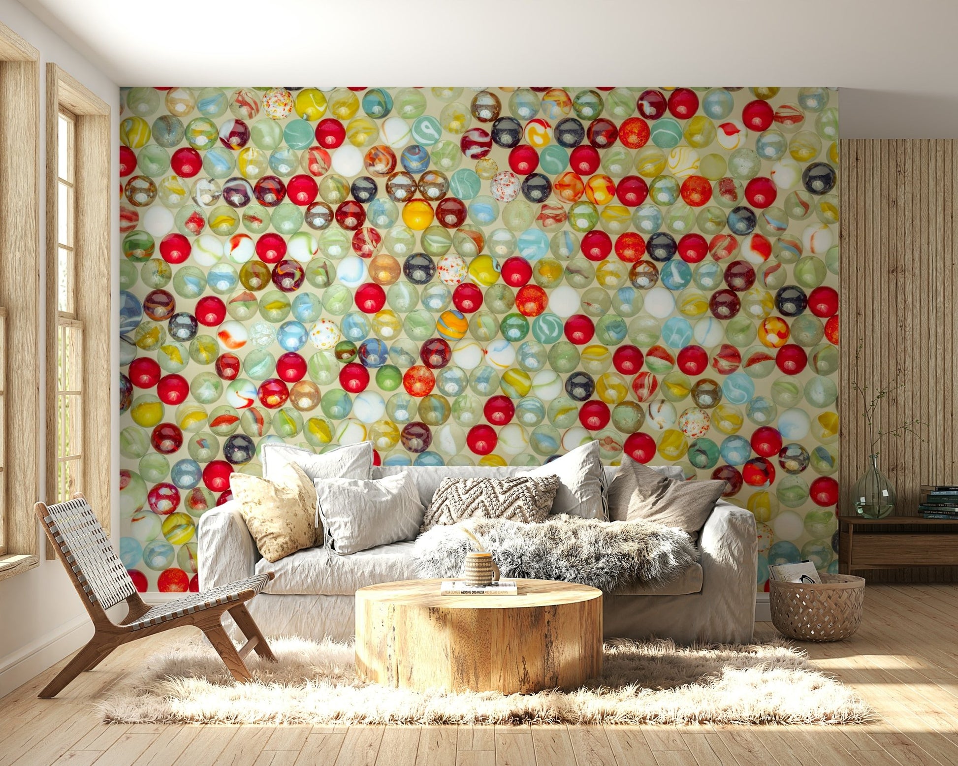 The colors are soft, muted tones of red, blue, green, and yellow.

