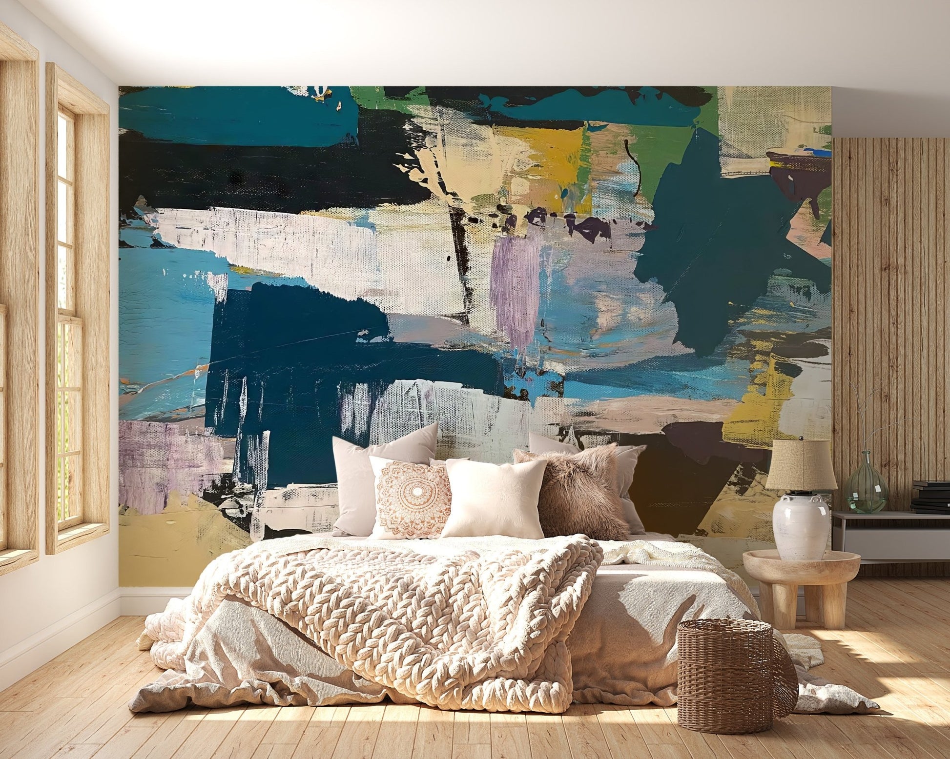 Elevate bedroom decor with a stylish and colorful texture mural.